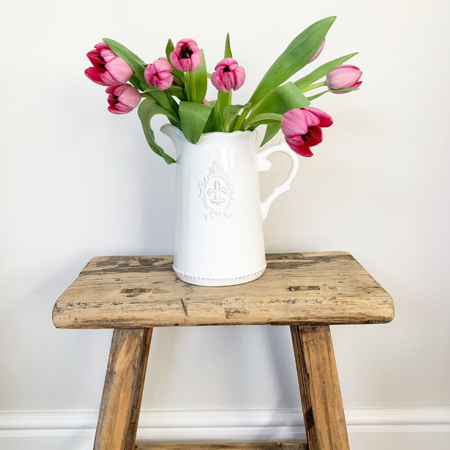 Ceramic White Fleur De Lis Jug 18cm – Decorative Pitcher Vase French Style Farmhouse Home Decor