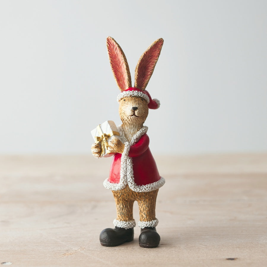 Jasper Rabbit Santa Ornament 15cm – Christmas Bunny Figurine with Present Festive Home Decor Gift