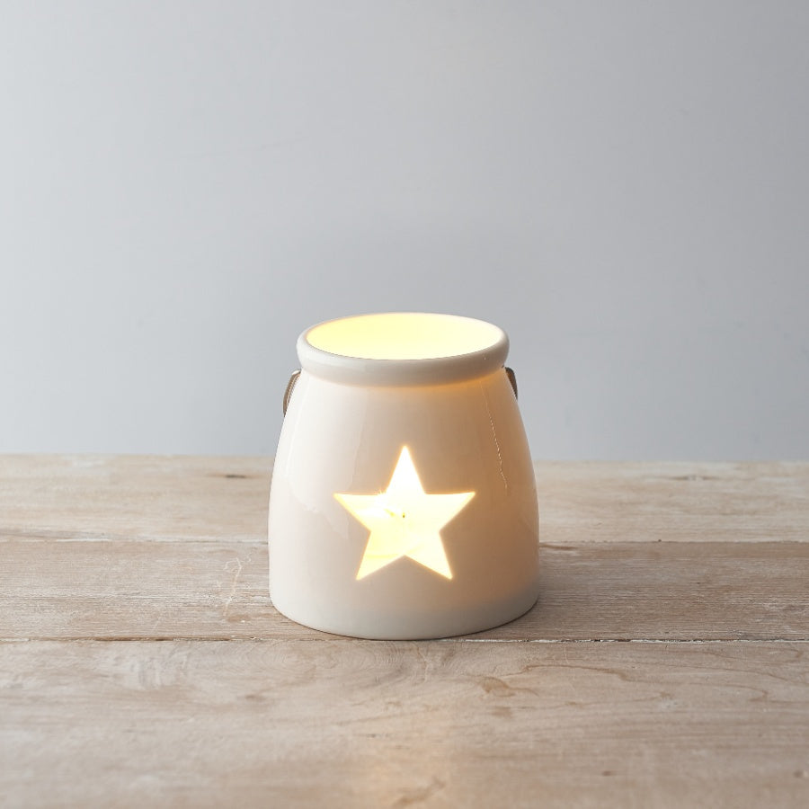 Cut Star T-Light Holder 10cm – Ceramic Candle Lantern, Glossy Finish with Star Cut-Out