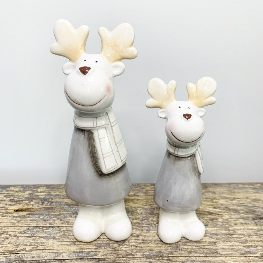 Posed Grey Reindeer 13cm – Ceramic Christmas Ornament, Smiling Festive Figurine