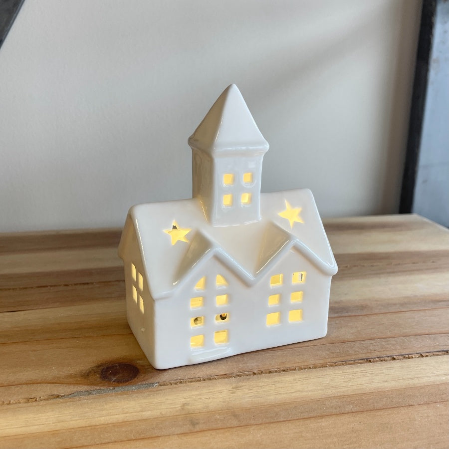 LED Ceramic Church Decoration 10.5cm – Light-Up Christmas Ornament, Festive Porcelain House Decor for Shelf Display