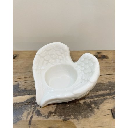 Angel Wing T-Light Holder – 9cm White Glazed Ceramic Candle Holder, Elegant Home Ornament