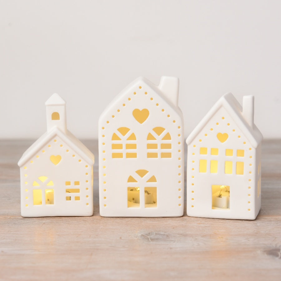 Light Up Heart House Decoration 11cm – White Ceramic LED House Ornament Cozy Home Decor Accent