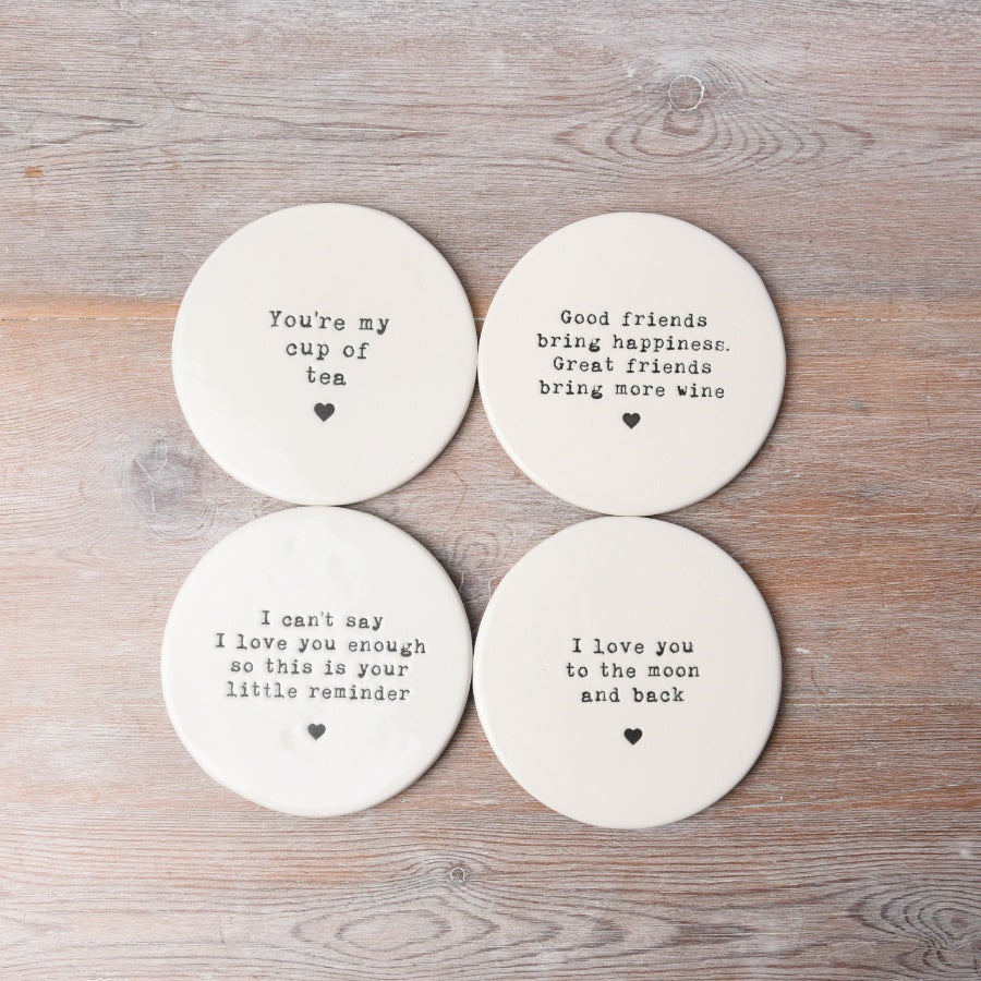 Love Little Reminder Coaster 10cm Round Porcelain Embossed Slogan Gift