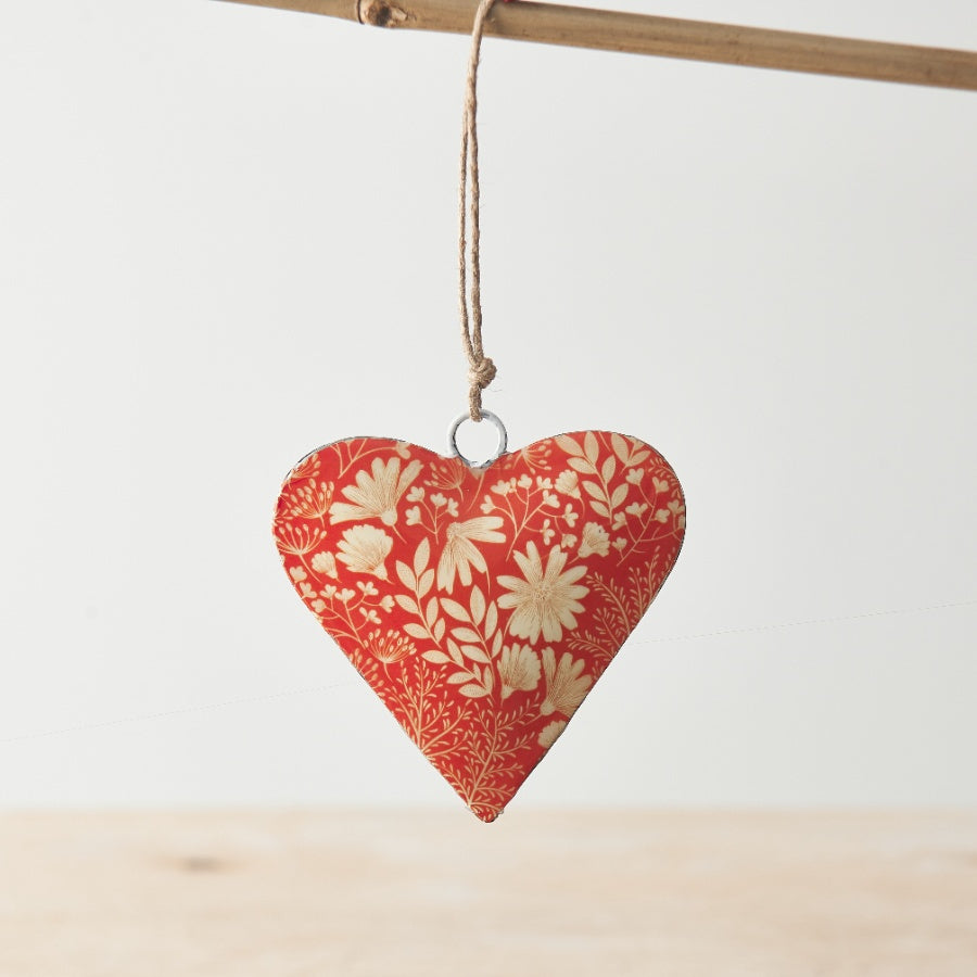 Orange Floral Heart Hanger 8cm Metal Hanging Decoration with Botanical Design