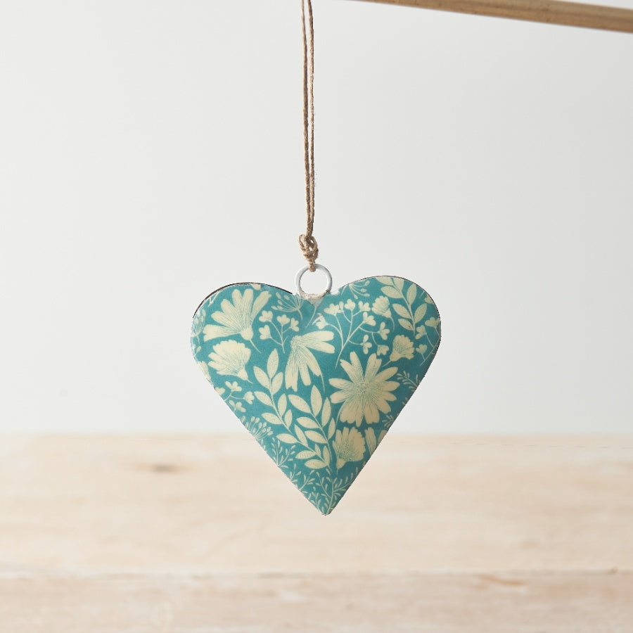 Blue Floral Heart Hanger 8cm Metal Decoration with Jute String Hanging