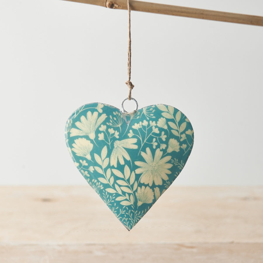 Blue Floral Heart Hanger 10cm Metal Decoration with Jute String for Hanging