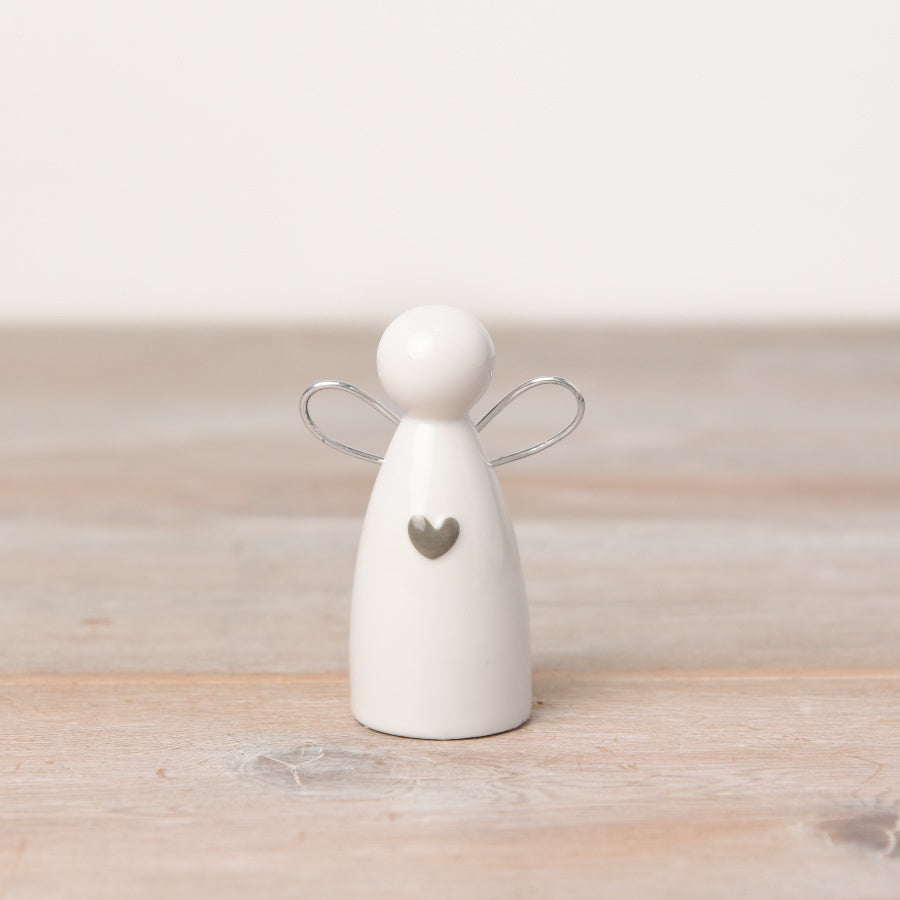 Angel Ornament 7.8cm Porcelain with Wire Wings and Grey Heart Detail