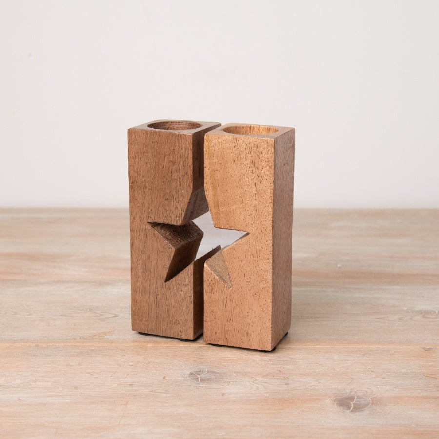 Split Star Wooden T Light Holder – Rustic Twin Candle Holder for Warm Ambience