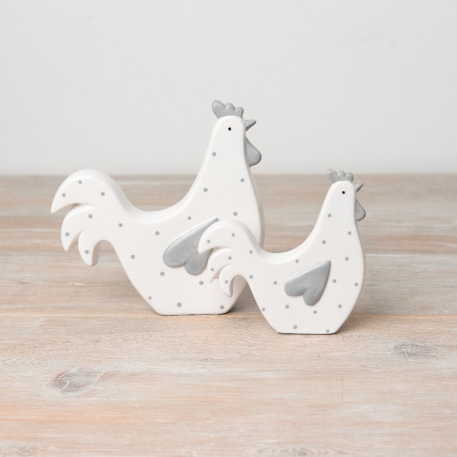 Grey Polka Dot Hen Ornament – 15.5cm Rustic Farmhouse Decor with Heart Wing