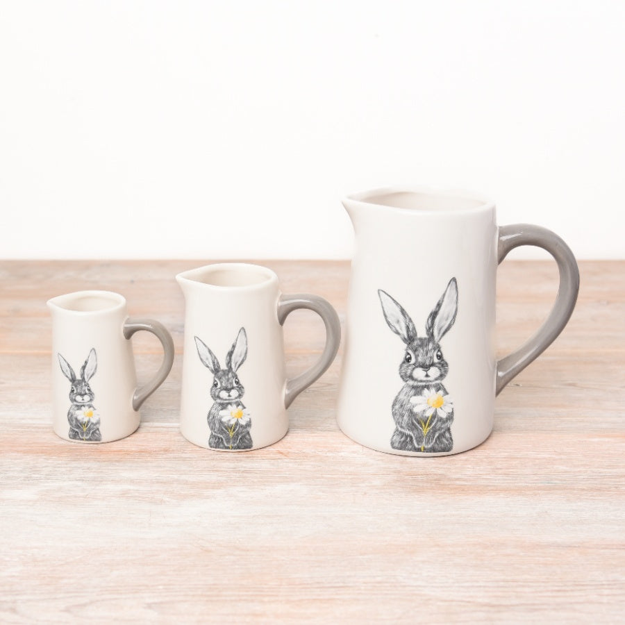 White Hare Jug 15cm – Spring Kitchen Decor, Rabbit and Daisy Sketch, Grey Handle