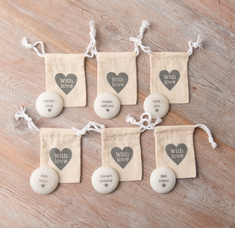 Marble Keepsake Tokens 3cm – Assorted Sentiment Slogans with Cotton Gift Bag