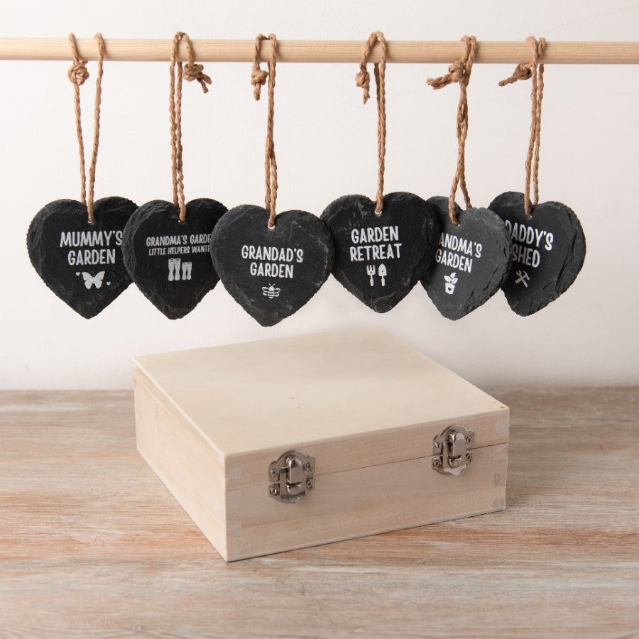 Heart Shaped Garden Slate Plaque – 7cm Hanging Sign with Family or Garden Slogan