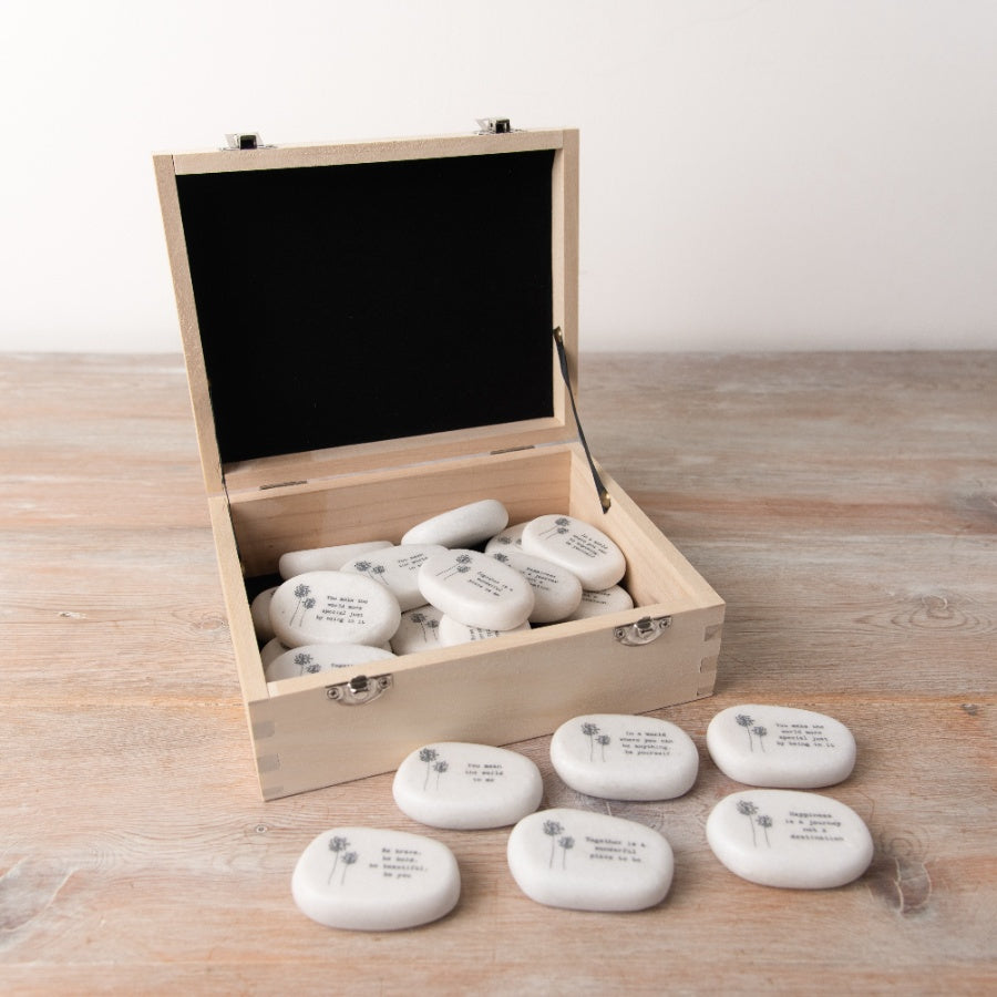 Box of Sentimental Marble Pebbles – 24pcs Wooden Gift Box Pick-Me-Up Tokens