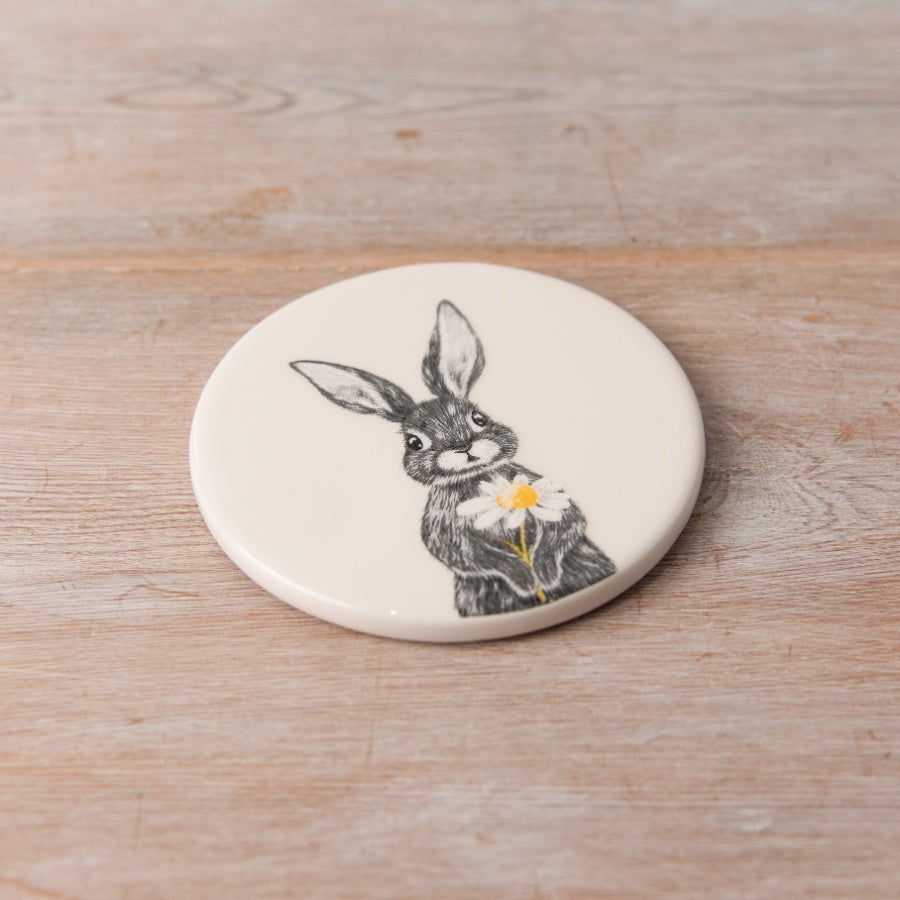 Rabbit Daisy Coaster 10cm Ceramic Cute Bunny with Flower Hot Drink Protector