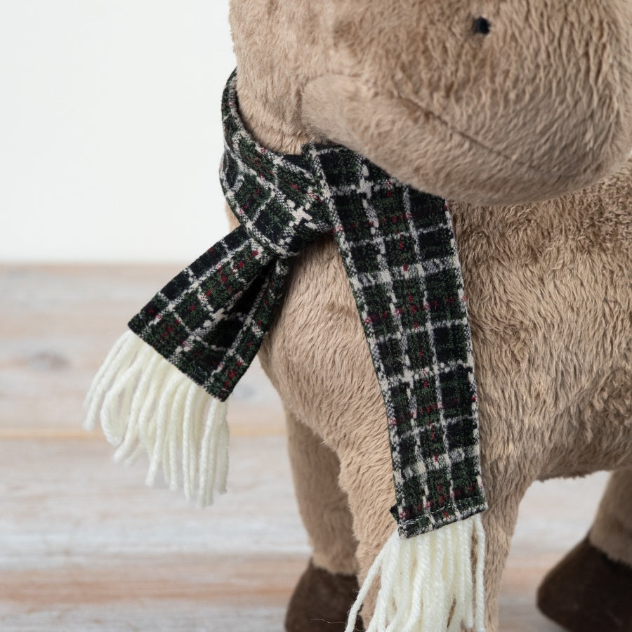 Standing Reindeer Decoration with Green Scarf – 30cm Soft Brown Fabric Christmas Ornament