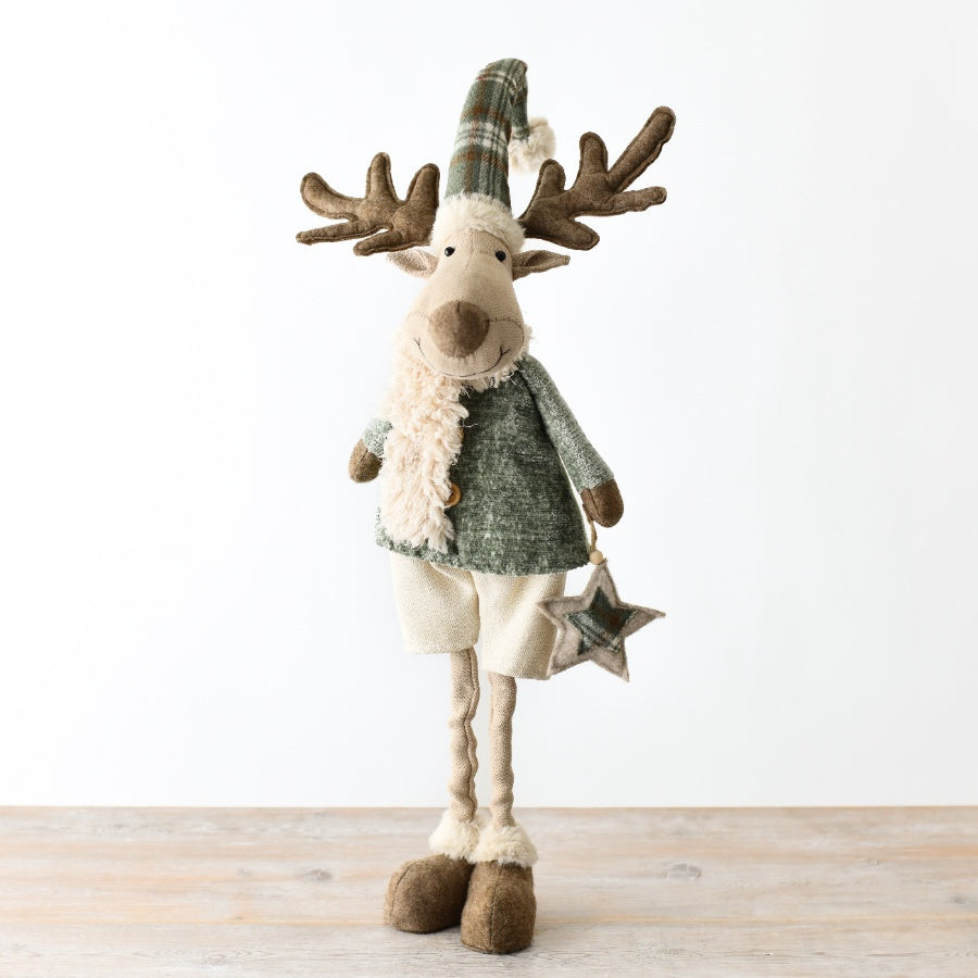Extendable Legged Fabric Moose 54cm – Green Tartan with Hanging Stars, Christmas Decor