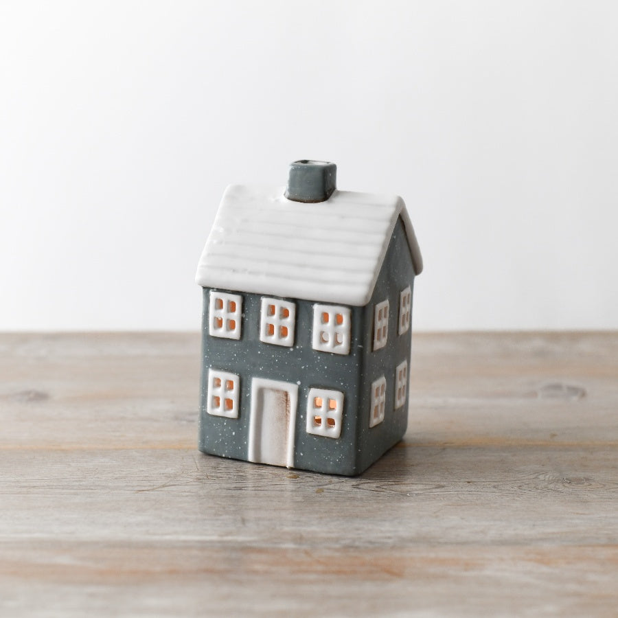 Ceramic Grey T Light House 9.5cm Cozy Tealight Holder with White Accents