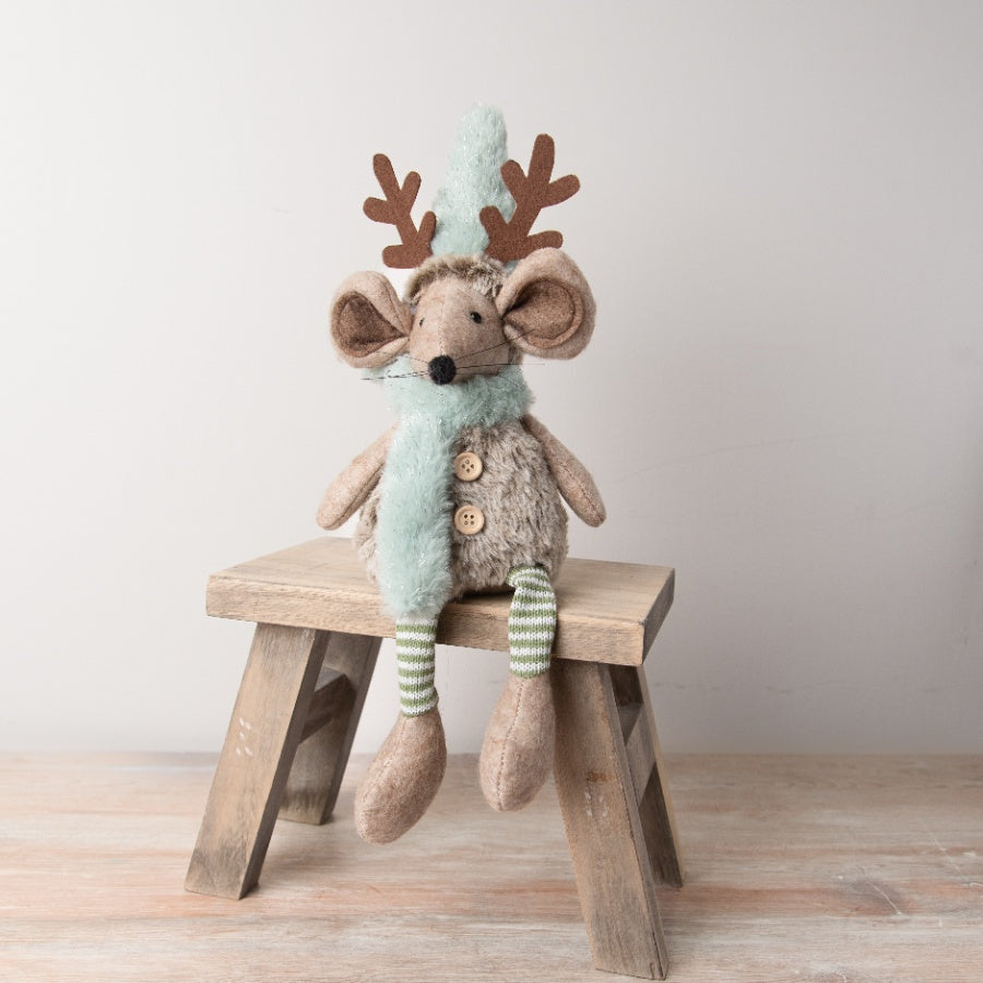Sitting Mouse Figurine with Antlers and Scarf Festive Christmas Ornament