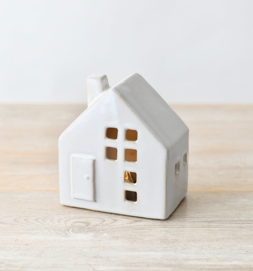 Reactive Glaze LED House 12cm Rustic Ceramic Light with Cut-Out Windows