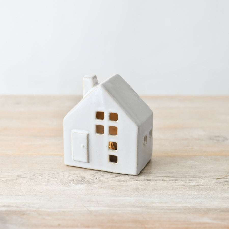 LED Reactive Glaze House 9.5cm Rustic Ceramic Light with Cut Out Windows