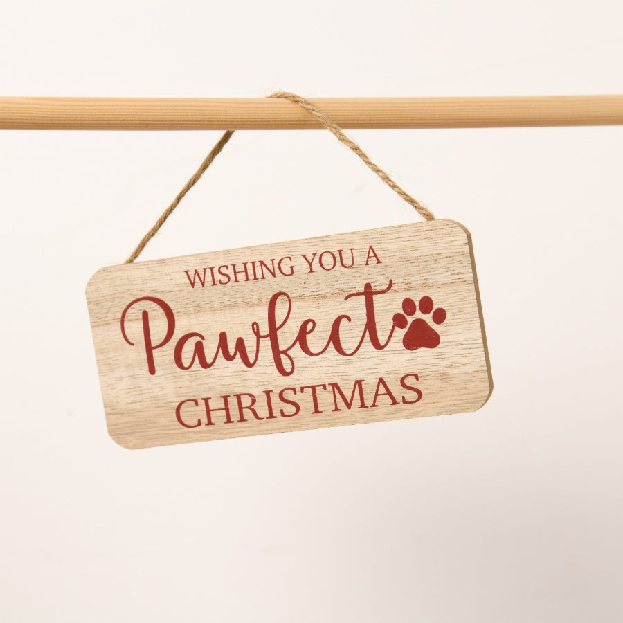 Wooden Pawfect Christmas Sign Red Paw Decal Holiday Home Decor