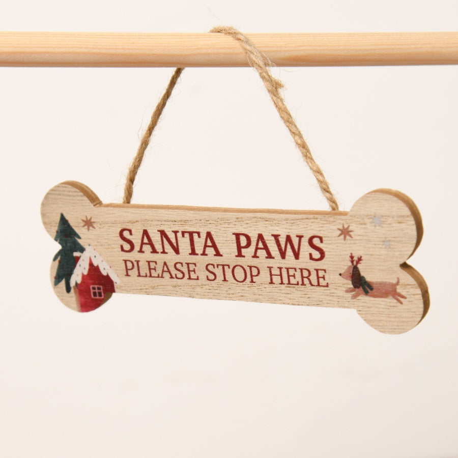 Santa Paws Please Stop Here Wooden Bone Hanger with Jute String Christmas Decor