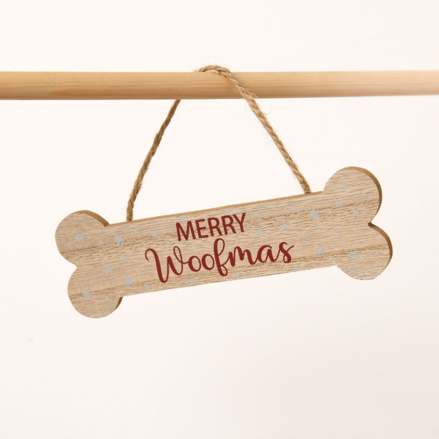Merry Woofmas Wooden Bone Hanger Christmas Dog Holiday Decor