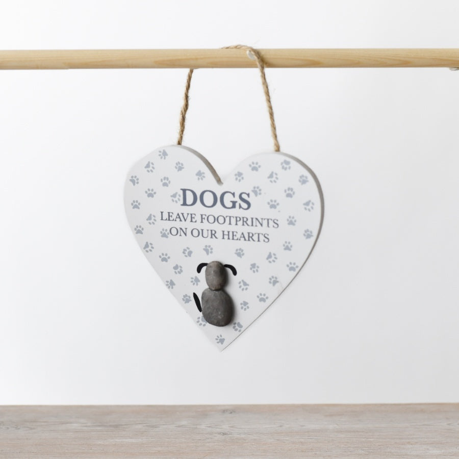 Dogs Leave Paw Prints on Heart Pebble Hanger with Rope for Wall Decor