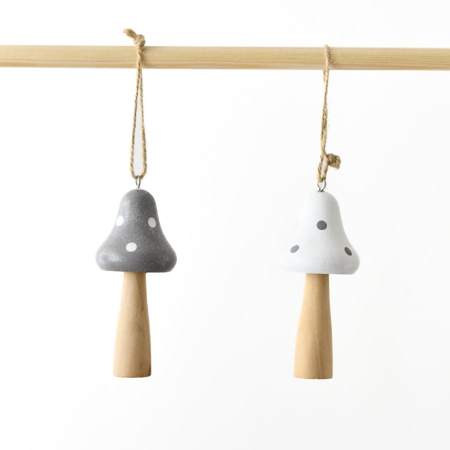 Set of 2 Wooden Hanging Mushroom Decorations 7cm – Grey White Glitter Christmas Ornaments, Rustic Woodland Decor