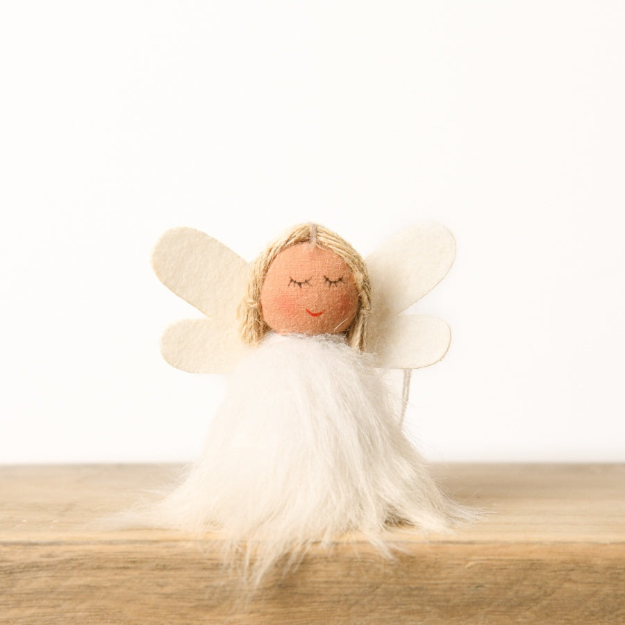 8cm White Fabric Sitting Angel Christmas Ornament Feather Skirt & Wings