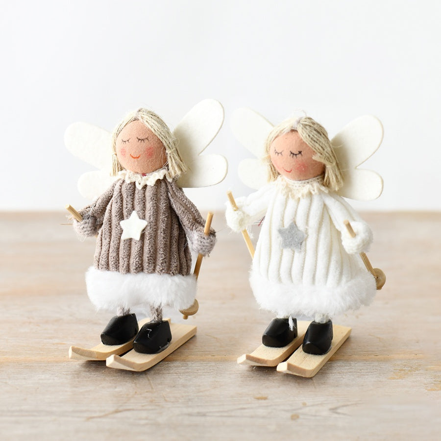 Set of 2 Skiing Angels 11cm Fabric Dresses White & Brown Christmas Ornaments