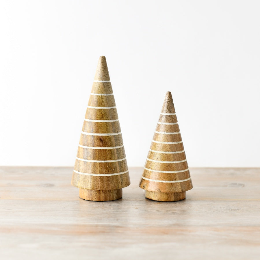 Mango Wood White Striped Tree – 21cm Chic Rustic Christmas Decoration