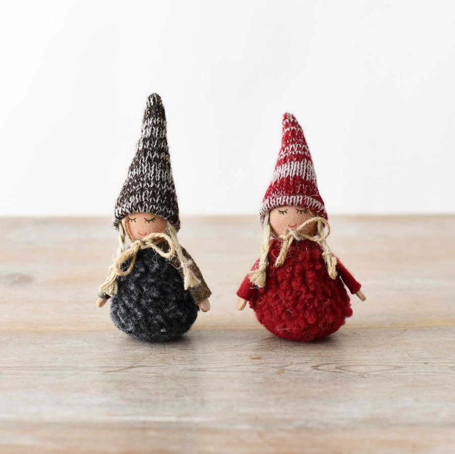 Fabric Dolls 8cm – Set of 2 Red & Green Christmas Decorations with Sherpa Body & Knit Hats