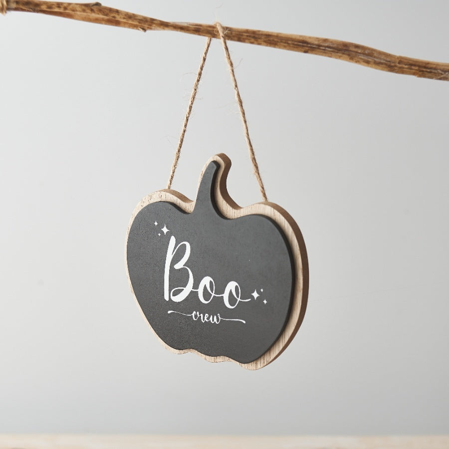 Boo Crew Black Pumpkin Sign – 11cm Halloween Hanging Decoration with Jute String