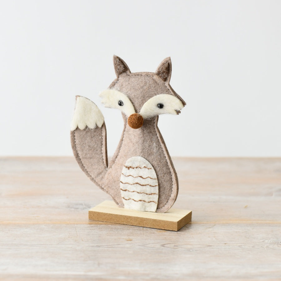 Felt Fox on Wooden Base 16cm – Handcrafted Woodland Animal Decoration