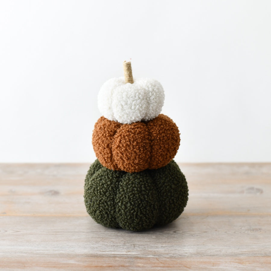 Sherpa Pumpkin Stack 22cm Autumn Decor Plush Jute Stem Fall Decoration