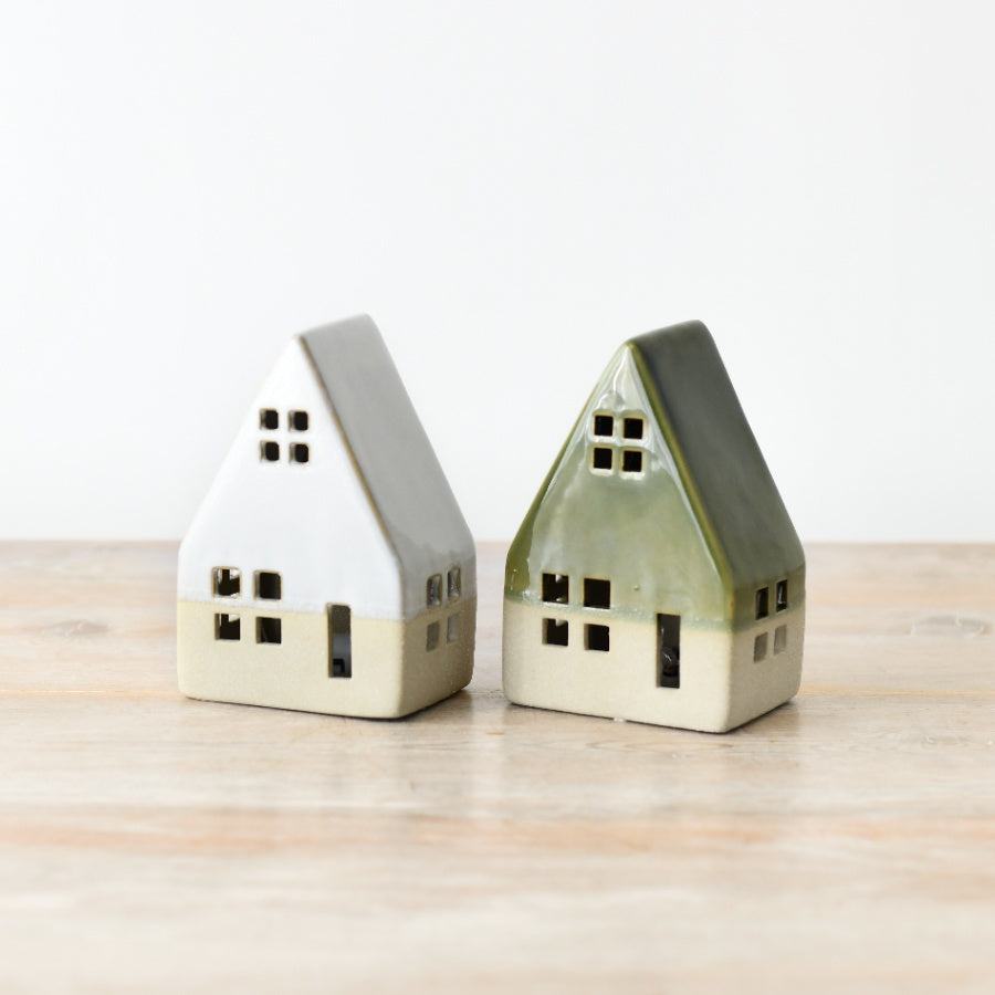 Green LED Light Up House 12cm Rustic Ceramic Christmas Festive Decor