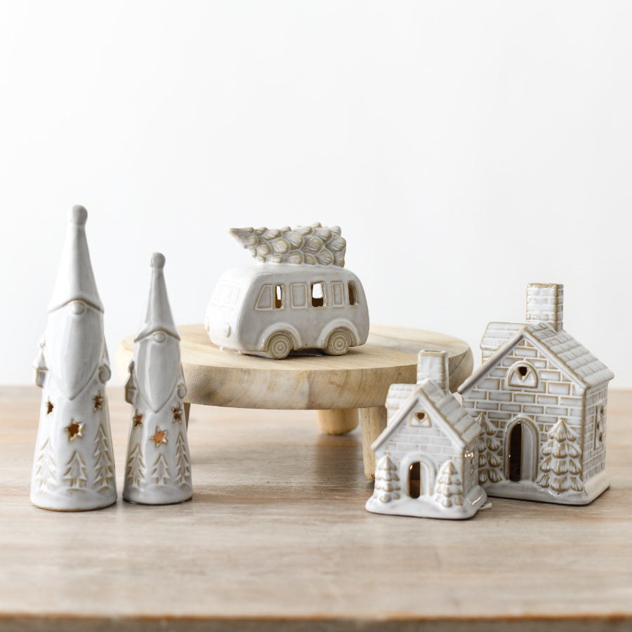 White Reactive Glaze LED House, 10cm Rustic Ceramic Light Up Decoration