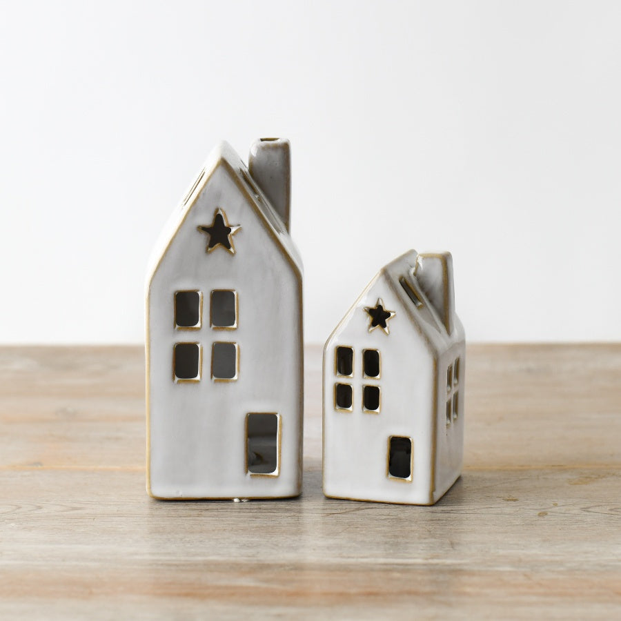 LED Ceramic House with Star, 10cm Rustic Christmas Light Up Ornament