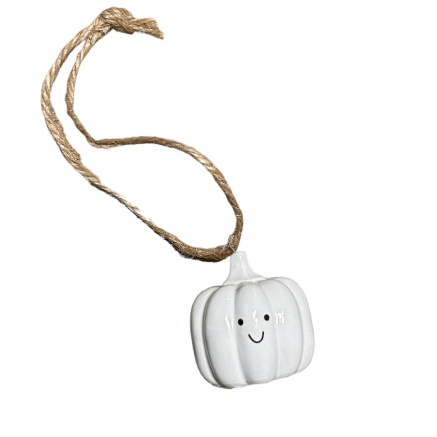 White Smiley Pumpkin Hanging Ornament, 4cm Ceramic Autumn Decoration