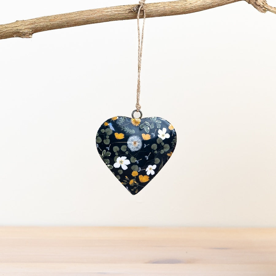 Floral Hanging Heart, 8cm Metal Decor with Yellow & Green Spring Flowers