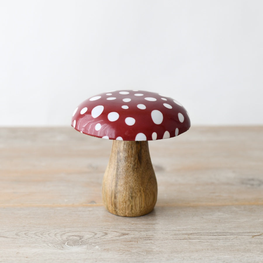 Toadstool Ornament, 10cm Mango Wood with Red Enamel Cap, Woodland Decor