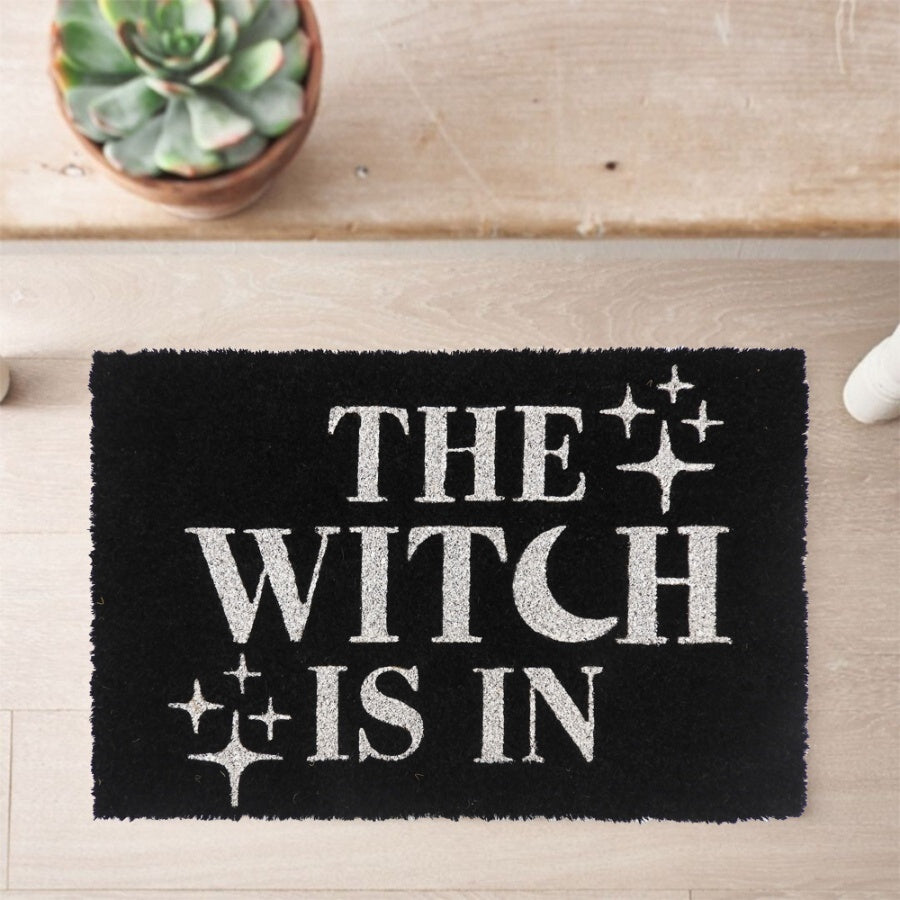 The Witch Is In Halloween Doormat 60cm – Coir Door Mat Black Entry Rug with Moon Design Outdoor Indoor Decor