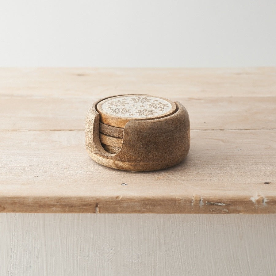 Snowflake Coaster Set, 11cm Mango Wood, Set of 4 with Star and Winter Design