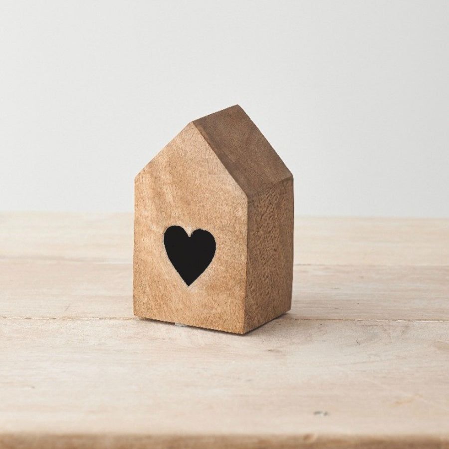 Small Wooden Heart House, 10cm Decorative Block Ornament, Rustic Table Decor