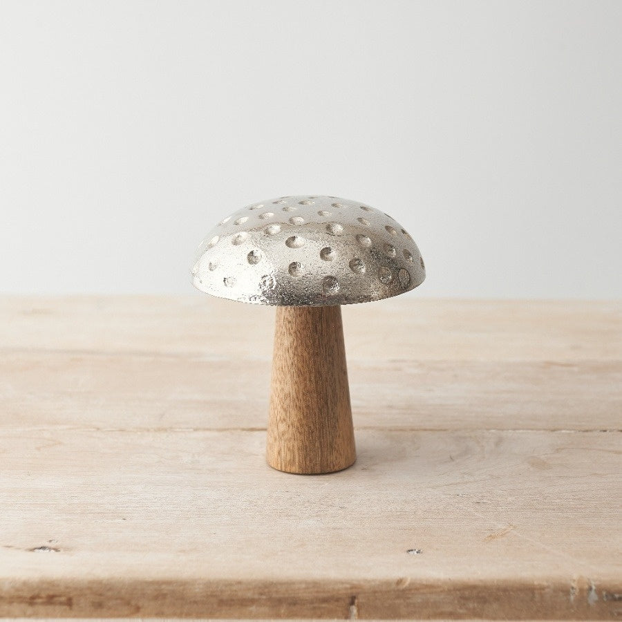Metal and Mango Wood Mushroom, 12cm Rustic Table Decoration with 3D Dot Detail
