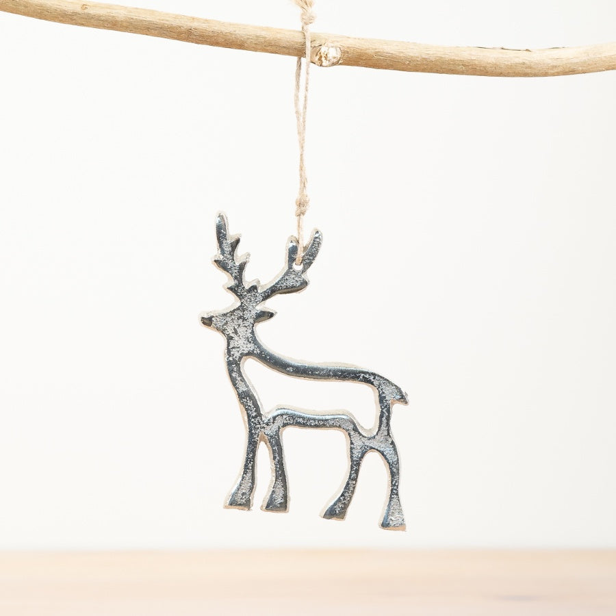 Gold Reindeer Hanging Ornament, 12cm Aluminium Xmas Decoration, Nickel Finish