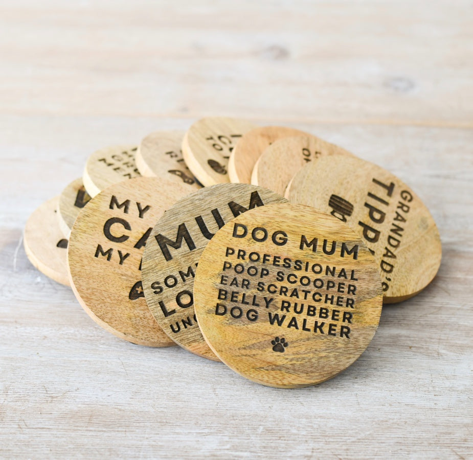 Wooden Mum Coaster, 10cm Gift with Heart Detail and Loving Script Text