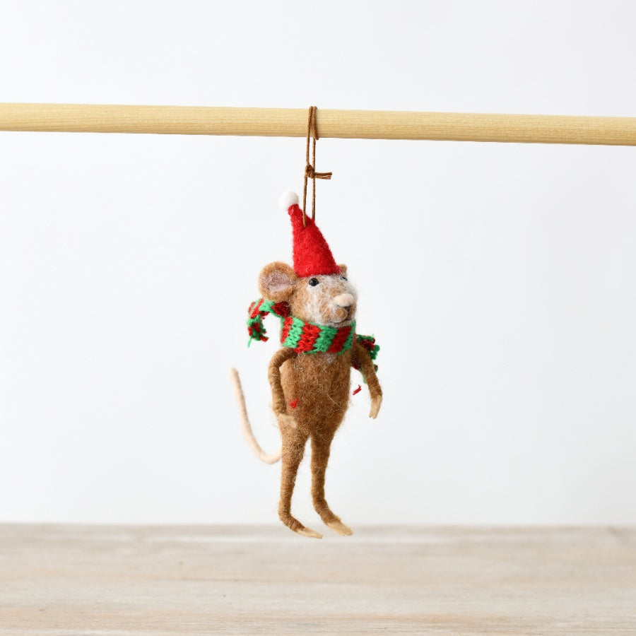 16cm Wool Mouse Hanging Decoration, Festive Christmas Tree Ornament